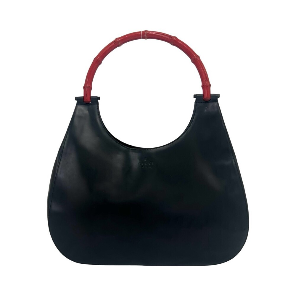 GUCCI Bamboo Logo Leather One-Shoulder Bag / Semi-Shoulder Handbag - Black Re...